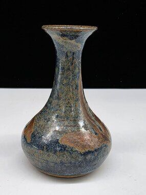 Handcrafted Ceramic Vase Rustic Blue & Brown Glaze Finish Signed Studio Pottery